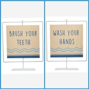 NWT Wash Your Hands Brush Your Teeth Bathroom Sign 2-Sided Metal Wood Decor Kids